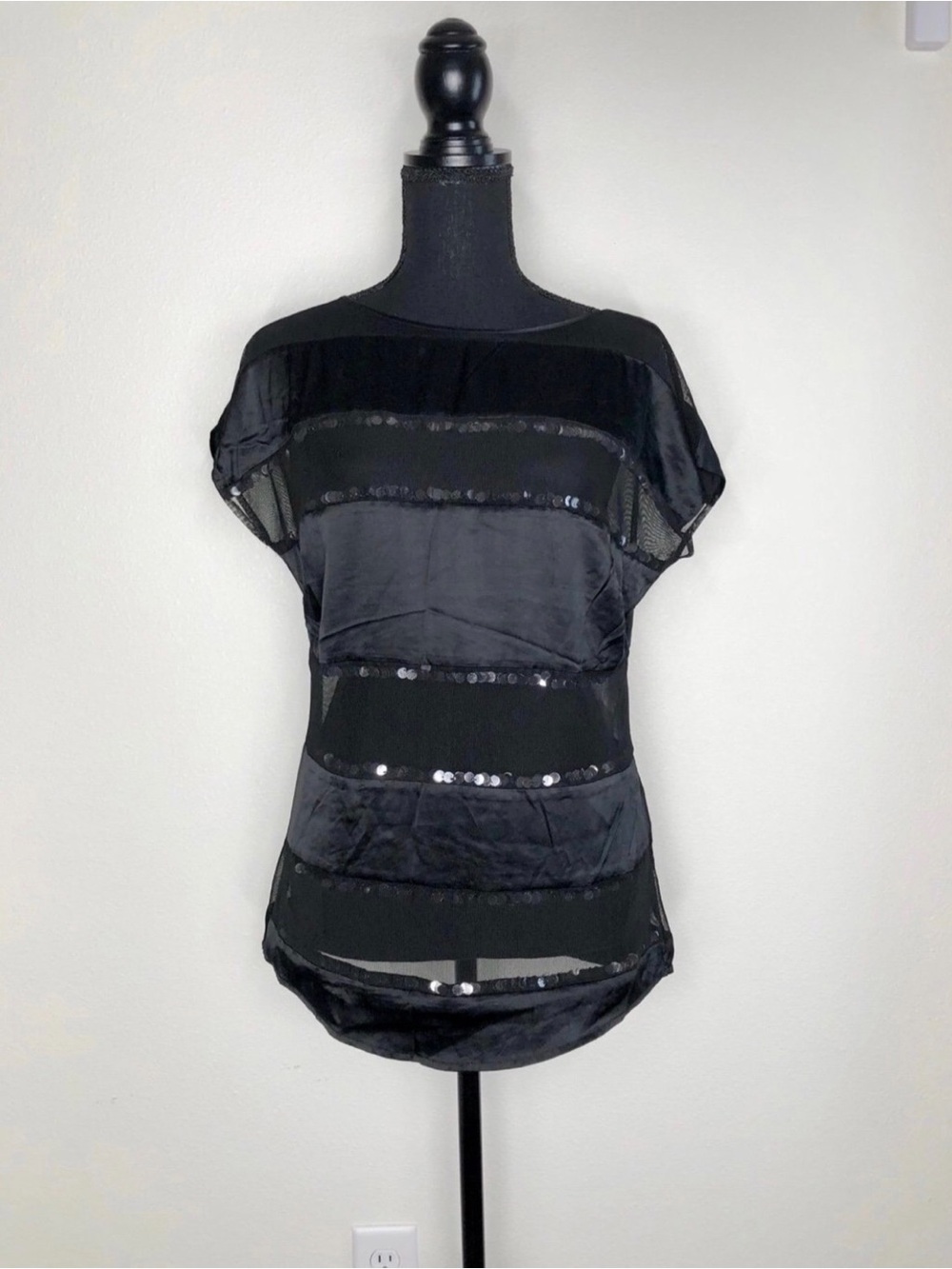 Bebe Black Silk & Mesh Panel Short Sleeve Blouse Tee with Sequins